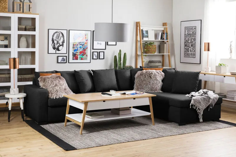 Crazy 4-seters Høyrevendt L-formet Sjeselongsofa i Stoff inkl. Pynteputer - Mørk grå - Møbler - Sofaer - Sofaer med sjeselong - 4 seters sofa med divan