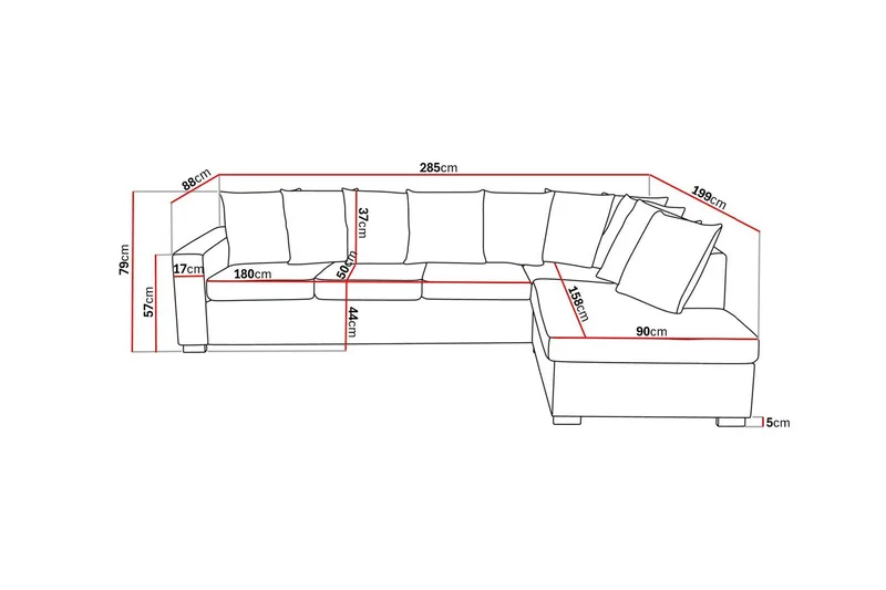 Crazy 4-seters Høyrevendt L-formet Sjeselongsofa i Stoff inkl. Pynteputer - Mørk grå - Møbler - Sofaer - Sofaer med sjeselong - 4 seters sofa med divan