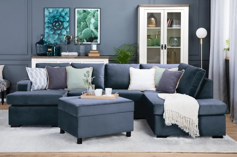 Crazy 4-seters Høyrevendt U-formet Large Sofa med Divan og Sjeselong i Fløyel - Blå - Møbler - Sofaer - Sofaer med sjeselong - 4 seters sofa med divan