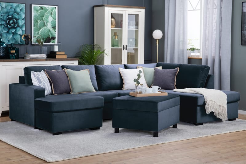 Crazy 4-seters Høyrevendt U-formet Large Sofa med Divan og Sjeselong i Fløyel - Blå - Møbler - Sofaer - Sofaer med sjeselong - 4 seters sofa med divan