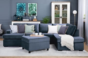 Crazy 4-seters Høyrevendt U-formet Large Sofa med Divan og Sjeselong i Fløyel - Blå - Møbler - Sofaer - Sofaer med sjeselong - 4 seters sofa med divan
