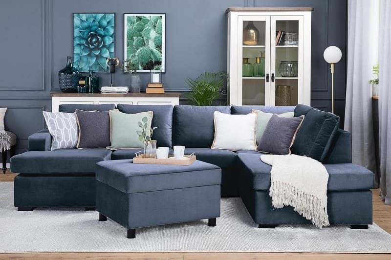 Crazy 4-seters Høyrevendt U-formet Large Sofa med Divan og Sjeselong i Fløyel - Blå - Møbler - Sofaer - Sofaer med sjeselong - 4 seters sofa med divan
