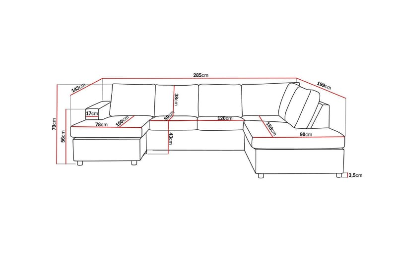 Crazy 4-seters Høyrevendt U-formet Large Sofa med Divan og Sjeselong i Stoff - Antrasitt - Møbler - Sofaer - Sofaer med sjeselong - 4 seters sofa med divan
