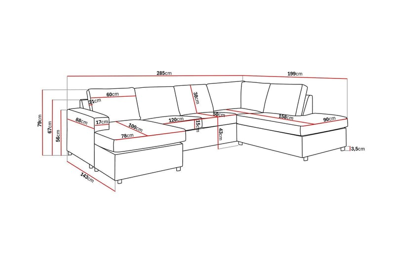Crazy 4-seters Høyrevendt U-formet Large Sofa med Divan og Sjeselong i Stoff - Antrasitt - Møbler - Sofaer - Sofaer med sjeselong - 4 seters sofa med divan
