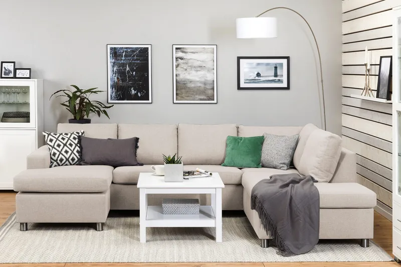 Crazy 4-seters Høyrevendt U-formet Large Sofa med Divan og Sjeselong i Stoff - Beige - Møbler - Sofaer - Sofaer med sjeselong - 4 seters sofa med divan