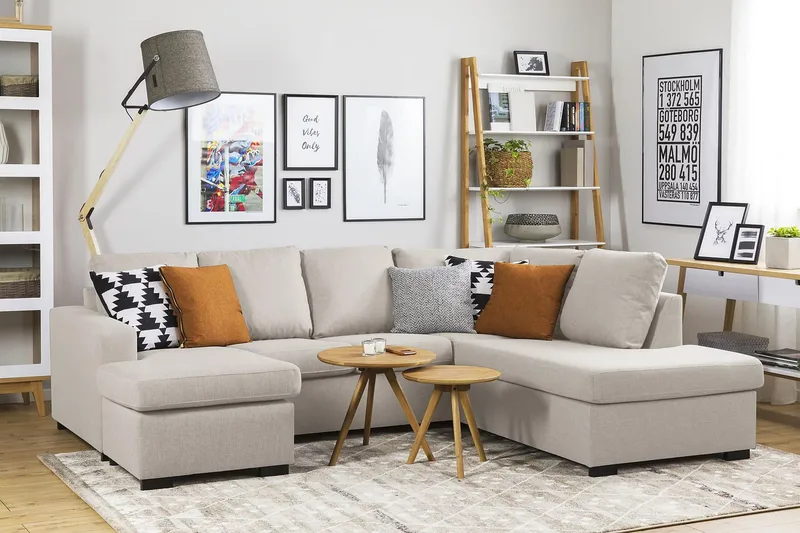 Crazy 4-seters Venstrevendt U-formet Large Sofa med Divan og Sjeselong i Stoff - Beige - Møbler - Sofaer - Sofaer med sjeselong - 3 seters sofa med divan