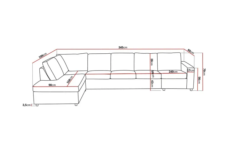 Crazy 5-seters Venstrevendt L-formet Sjeselongsofa i Stoff - Antrasitt - Møbler - Sofaer - Sofaer med sjeselong - 4 seters sofa med divan