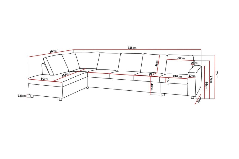 Crazy 5-seters Venstrevendt L-formet Sjeselongsofa i Stoff - Antrasitt - Møbler - Sofaer - Sofaer med sjeselong - 4 seters sofa med divan
