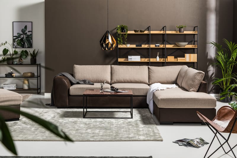 Cuba 4-seters Høyrevendt L-formet Sjeselongsofa i Kunstlær/Stoff - Brun / Beige - Møbler - Sofaer - Sofaer med sjeselong - 4 seters sofa med divan