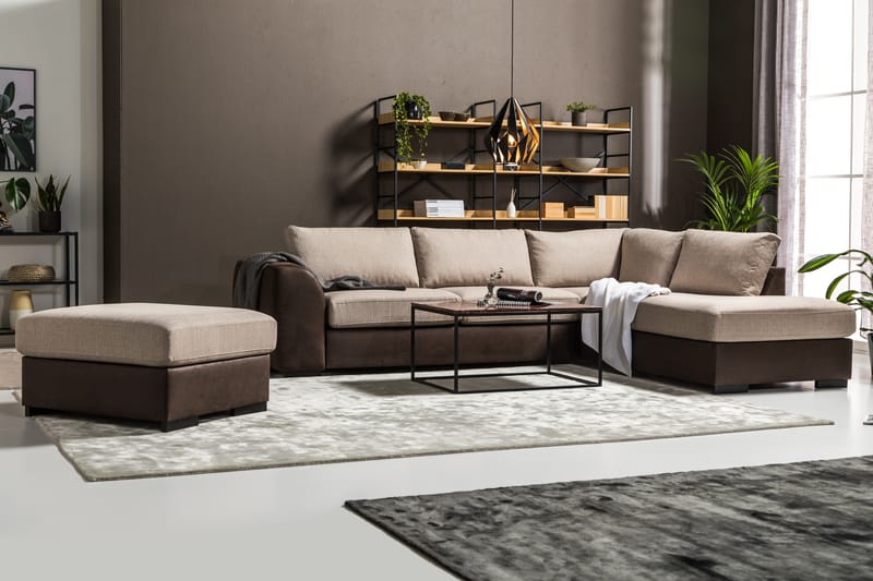 Cuba 4-seters Høyrevendt L-formet Sjeselongsofa i Kunstlær/Stoff - Brun / Beige - Møbler - Sofaer - Sofaer med sjeselong - 4 seters sofa med divan