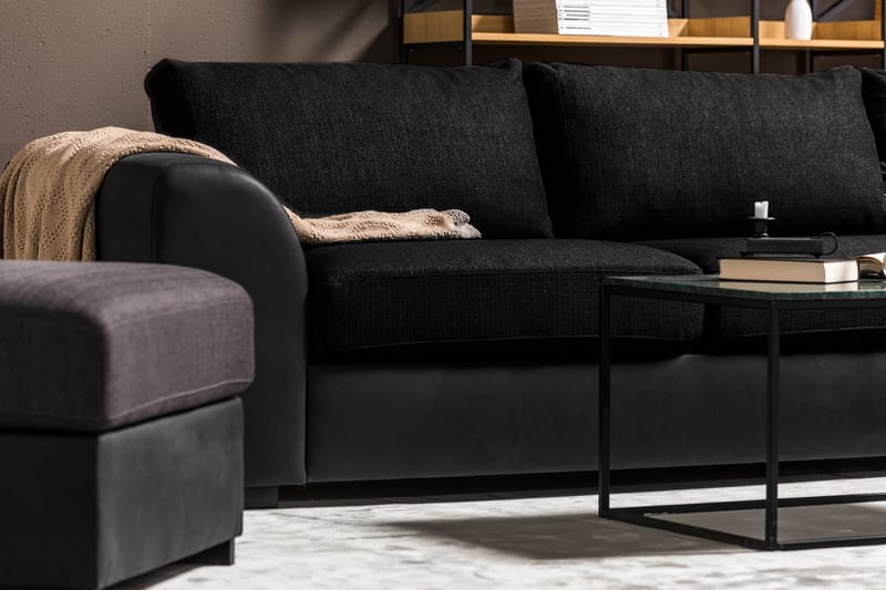 Cuba 4-seters Høyrevendt L-formet Sjeselongsofa i Kunstlær/Stoff - Grå / Svart - Møbler - Sofaer - Sofaer med sjeselong - 4 seters sofa med divan