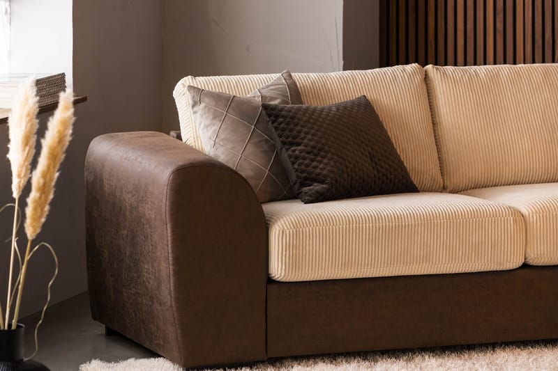 Cuba 4-seters Høyrevendt L-formet Sjeselongsofa i Manchester/Kunstlær - Brun / Beige - Møbler - Sofaer - Sofaer med sjeselong - 4 seters sofa med divan