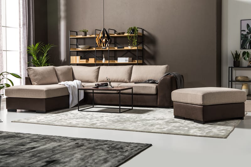 Cuba 4-seters Venstrevendt L-formet Sjeselongsofa i Kunstlær/Stoff - Brun / Beige - Møbler - Sofaer - Sofaer med sjeselong - 4 seters sofa med divan