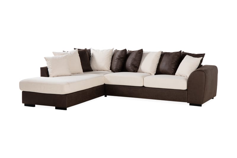 Cuba 4-seters Venstrevendt L-formet Sjeselongsofa i Kunstlær/Stoff inkl. Pynteputer - Brun / Beige - Møbler - Sofaer - Sofaer med sjeselong - 4 seters sofa med divan