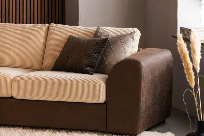 Cuba 4-seters Venstrevendt L-formet Sjeselongsofa i Manchester/Kunstlær - Brun / Beige - Møbler - Sofaer - Sofaer med sjeselong - 4 seters sofa med divan
