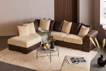 Cuba 4-seters Venstrevendt L-formet Sjeselongsofa i Manchester/Kunstlær inkl. Pynteputer - Brun / Beige - Møbler - Sofaer - Sofaer med sjeselong - 4 seters sofa med divan