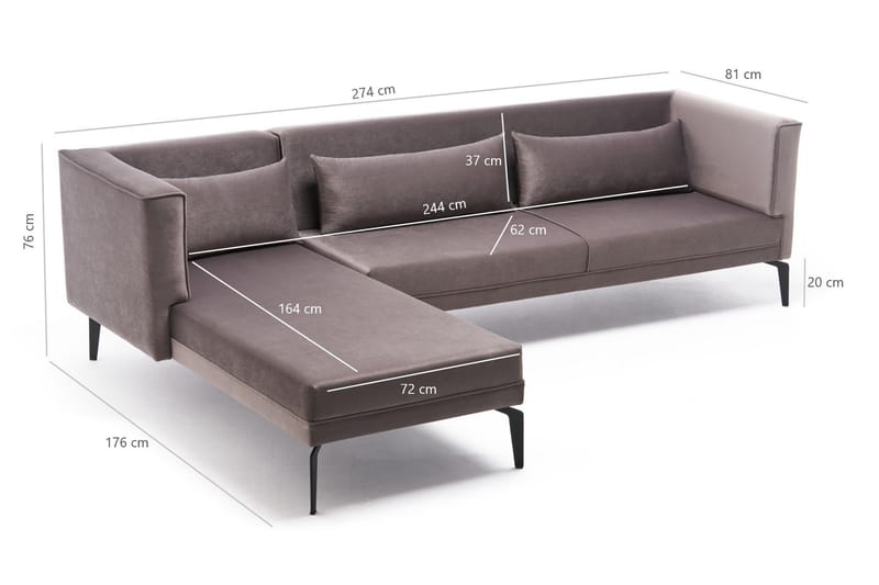 Divansofa Aidsisa Vänster - Fløyel / Lys grå / Svart - 4 seters sofa med divan - Fløyelssofaer - Sofaer med sjeselong
