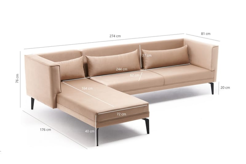 Divansofa Aidsisa Venstre - Fløyel / Kremhvit / Svart - 4 seters sofa med divan - Fløyelssofaer - Sofaer med sjeselong