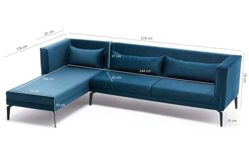 Divansofa Aidsisa Venstre - Fløyel/Turkis/Svart - 4 seters sofa med divan - Fløyelssofaer - Sofaer med sjeselong