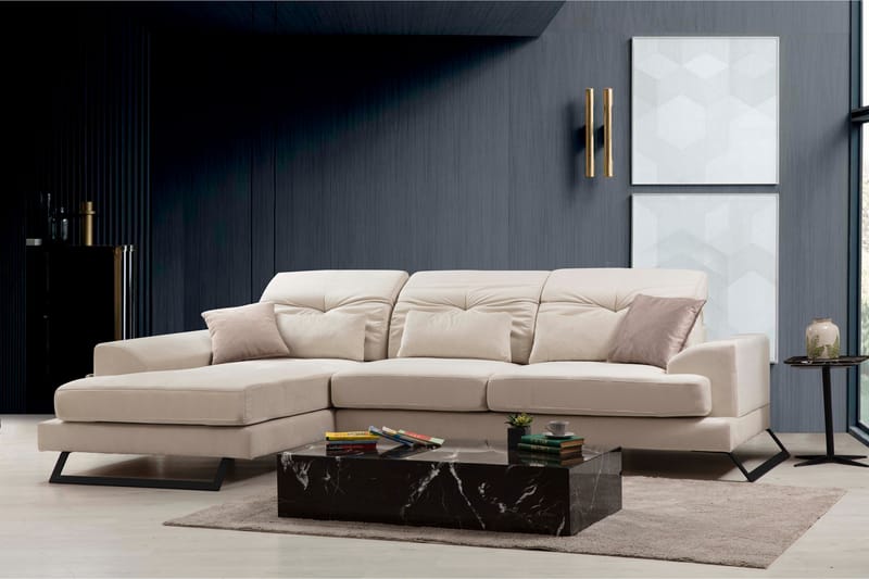 Divansofa Höger - Beige / Svart - 4 seters sofa med divan - Sofaer med sjeselong