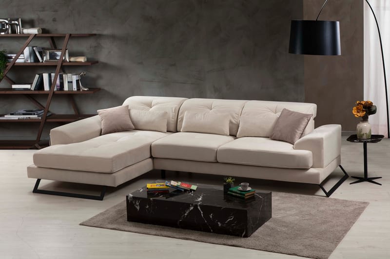 Divansofa Höger - Beige / Svart - 4 seters sofa med divan - Sofaer med sjeselong