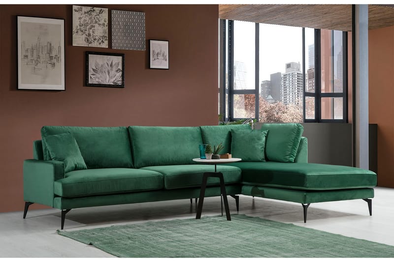 Divansofa Naiomy - Grønn / Svart - 4 seters sofa med divan - Sofaer med sjeselong