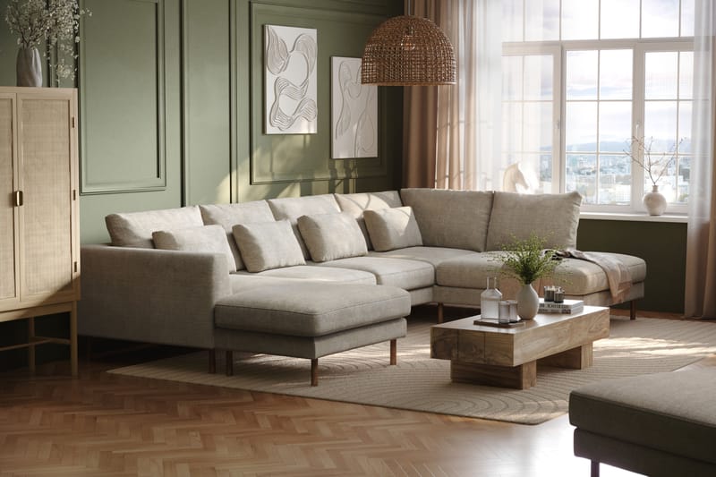 Florenz 4-seters Høyrevendt U-formet Sofa med Divan og Sjeselong i Chenille - Grå / Beige - Møbler - Sofaer - Sofaer med sjeselong - 4 seters sofa med divan