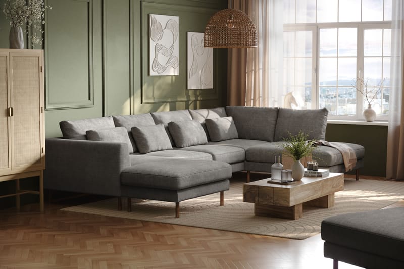 Florenz 4-seters Høyrevendt U-formet Sofa med Divan og Sjeselong i Chenille - Lys grå - Møbler - Sofaer - Sofaer med sjeselong - 4 seters sofa med divan