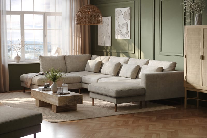 Florenz 4-seters Venstrevendt U-formet Sofa med Divan og Sjeselong i Chenille - Grå / Beige - Møbler - Sofaer - Sofaer med sjeselong - 4 seters sofa med divan