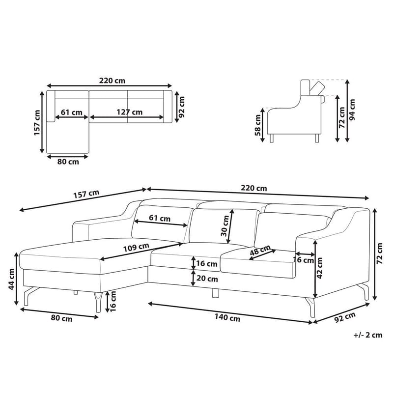 Glosli Venstrevendt Hjørnesofa med Divan og Sjeselong 220 cm i Chenille - Stålblå - Møbler - Sofaer - Sofaer med sjeselong - 4 seters sofa med divan