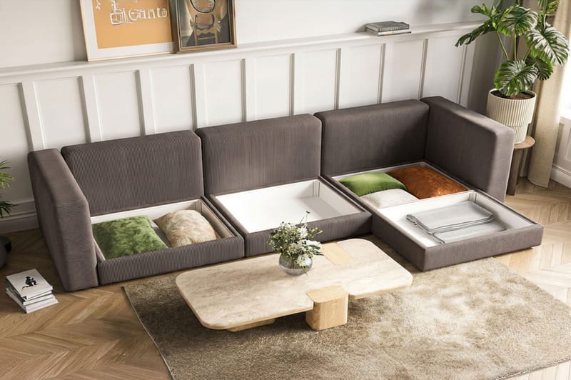 Hagblom 4-seters Divansofa med Oppbevaring Vendbar - Brun - Møbler - Sofaer - Sofaer med sjeselong - 4 seters sofa med divan