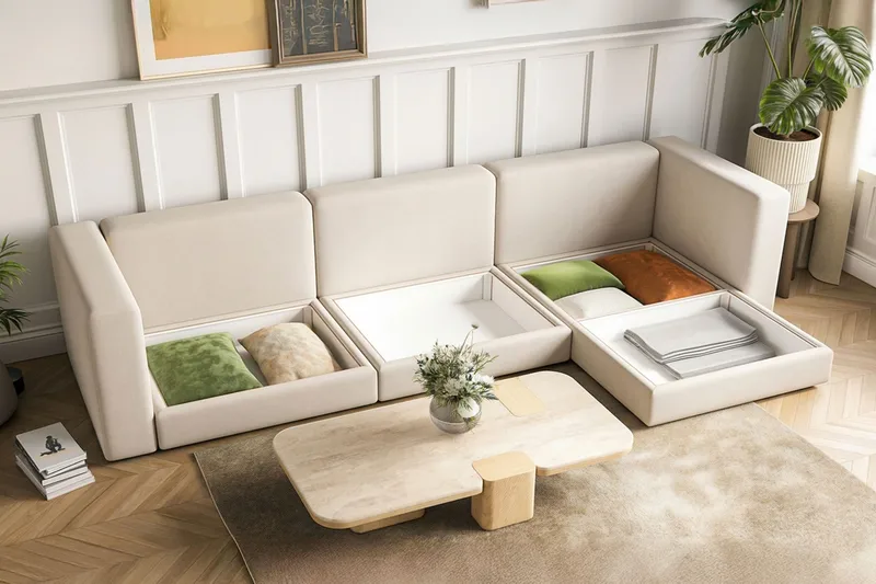 Hagblom 4-seters Vendbar Divansofa 320 cm med Oppbevaring i Chenille - Beige - Møbler - Sofaer - Sofaer med sjeselong - 4 seters sofa med divan