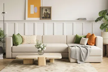 Hagblom 4-seters Vendbar Divansofa 320 cm med Oppbevaring i Chenille - Beige - Møbler - Sofaer - Sofaer med sjeselong - 4 seters sofa med divan