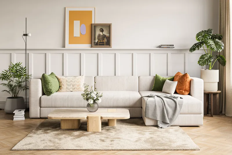 Hagblom 4-seters Vendbar Divansofa 320 cm med Oppbevaring i Mansjester - Beige - Møbler - Sofaer - Sofaer med sjeselong - 4 seters sofa med divan