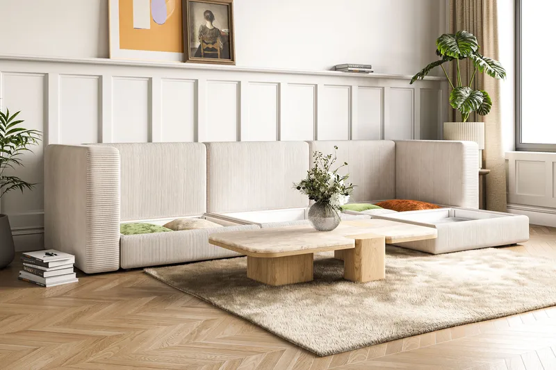 Hagblom 4-seters Vendbar Divansofa 320 cm med Oppbevaring i Mansjester - Beige - Møbler - Sofaer - Sofaer med sjeselong - 4 seters sofa med divan