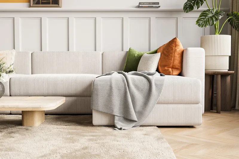 Hagblom 4-seters Vendbar Divansofa 320 cm med Oppbevaring i Mansjester - Beige - Møbler - Sofaer - Sofaer med sjeselong - 4 seters sofa med divan