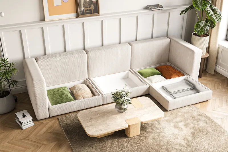 Hagblom 4-seters Vendbar Divansofa 320 cm med Oppbevaring i Mansjester - Beige - Møbler - Sofaer - Sofaer med sjeselong - 4 seters sofa med divan