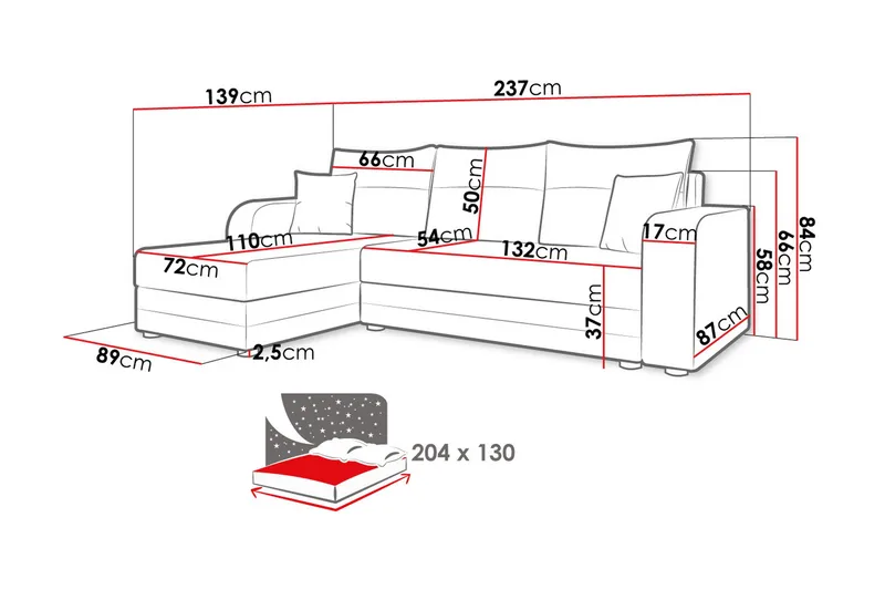 Hewlet Sofa med Divan 3-seter - Svart/Rød - Møbler - Sofaer - Sofaer med sjeselong - 3 seters sofa med divan