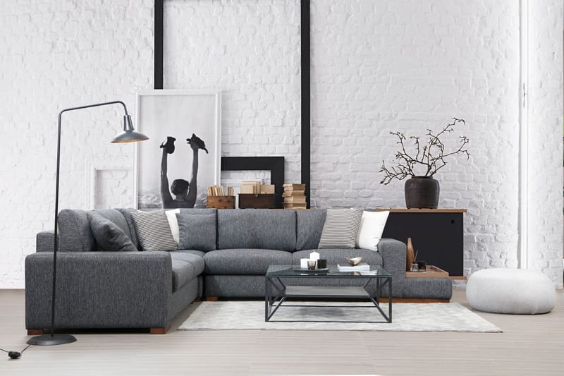 Huelva 5-seter Høyrevendt L-formet Hjørnesofa 323 cm med Sidebord i Stoff - Grå - Møbler - Sofaer - Hjørnesofaer