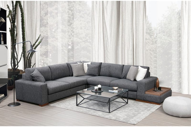 Huelva 5-seter Høyrevendt L-formet Hjørnesofa 323 cm med Sidebord i Stoff - Grå - Møbler - Sofaer - Hjørnesofaer