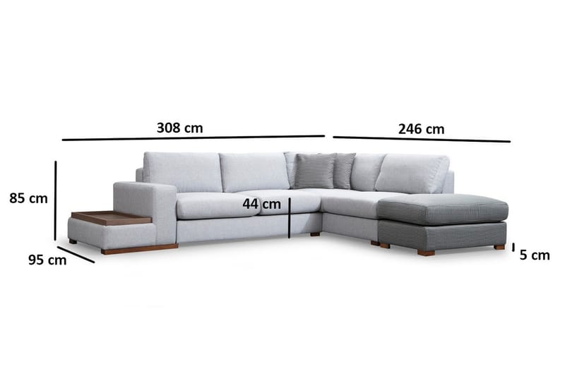 Huelva 5-seter Høyrevendt L-formet Sofa med Sjeselong 308 cm i Stoff - Grå - Møbler - Sofaer - Sofaer med sjeselong