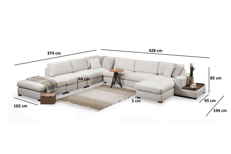 Huelva 6-seter U-formet Hjørnesofa med Divan i Stoff - Kremhvit - Møbler - Sofaer - Hjørnesofaer - Hjørnesofa med divan