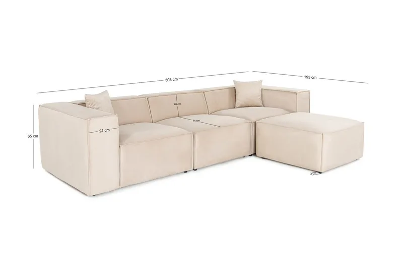 Kaolins Sofa med Sjeselong 3-seter - Krem - Møbler - Sofaer - Sofaer med sjeselong - 3 seters sofa med divan