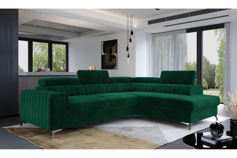 Laurece 3-seter Høyre L-formet Sofa med Sjeselong i Fløyel, Grønn