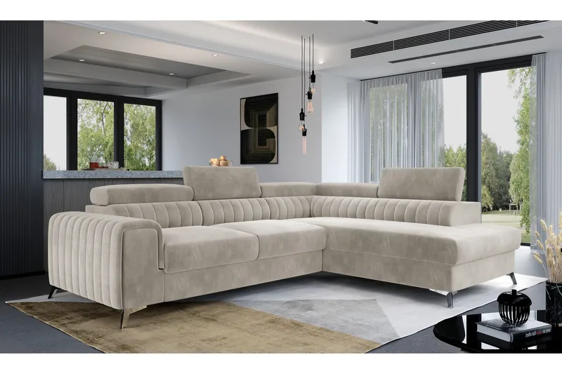Laurece 4-seter Høyrevendt L-formet Sovesofa 125x210 cm i Fløyel, Beige
