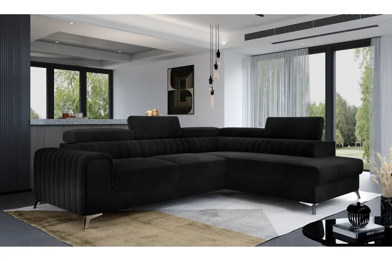Laurece 4-seter Høyrevendt L-formet Sovesofa 125x210 cm i Fløyel, Svart