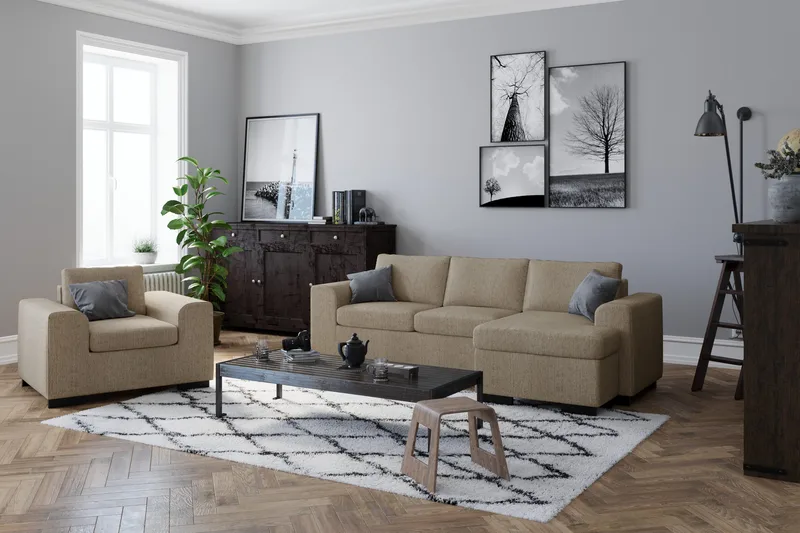 Link 3-seters Vendbar L-formet Divansofa i Stoff - Beige - Møbler - Sofaer - Sofaer med sjeselong - 3 seters sofa med divan