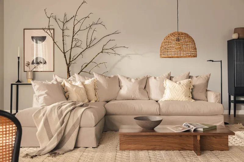 Menard 4-seters Venstrevendt Dyp L-formet Sjeselongsofa i Stoff - Beige - Møbler - Sofaer - Sofaer med sjeselong - 4 seters sofa med divan