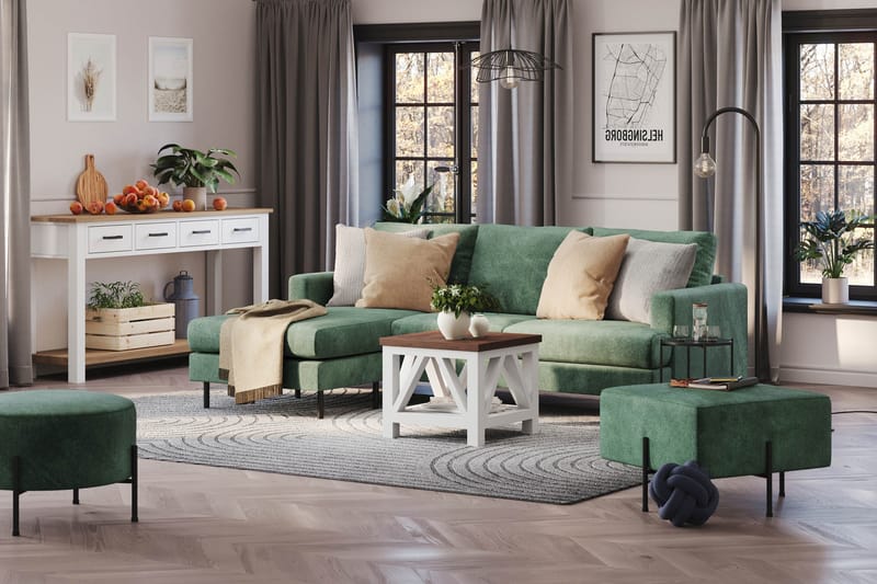 Menard Compact 3-seters Venstrevendt L-formet Divansofa i Fløyel - Mørk grønn - Møbler - Sofaer - Sofaer med sjeselong - 3 seters sofa med divan