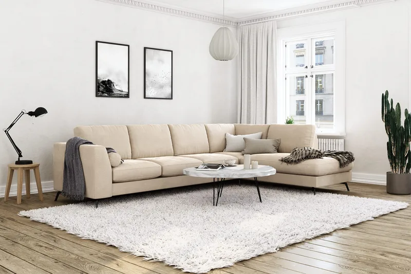 Ocean Lyx 4-seters Høyrevendt L-formet Sjeselongsofa i Fløyel - Beige - Møbler - Sofaer - Sofaer med sjeselong - 4 seters sofa med divan